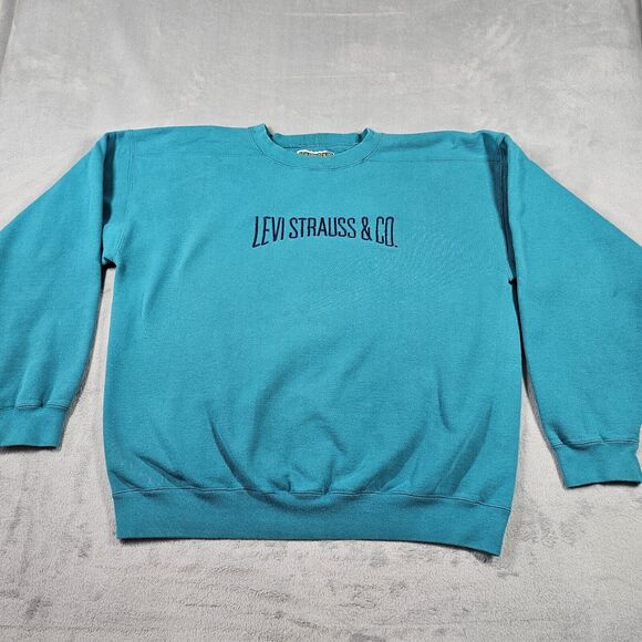 Vintage 90s Levi Strauss & Co Sweatshirt Green Embroidered Logo Spell Out Grunge - Picture 1 of 16